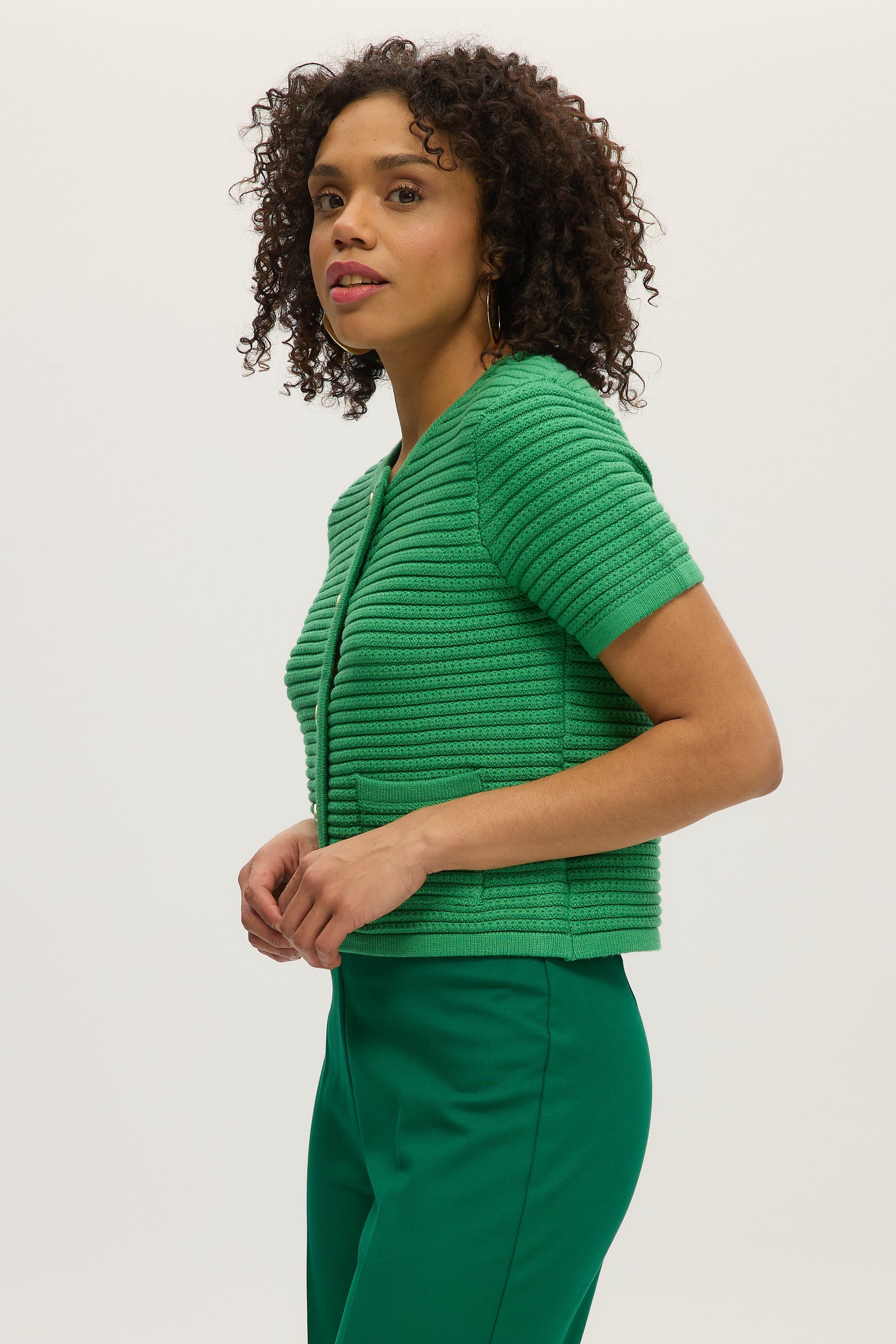 GREEN SHORT SLEEVE CREW NECK CARDIGAN