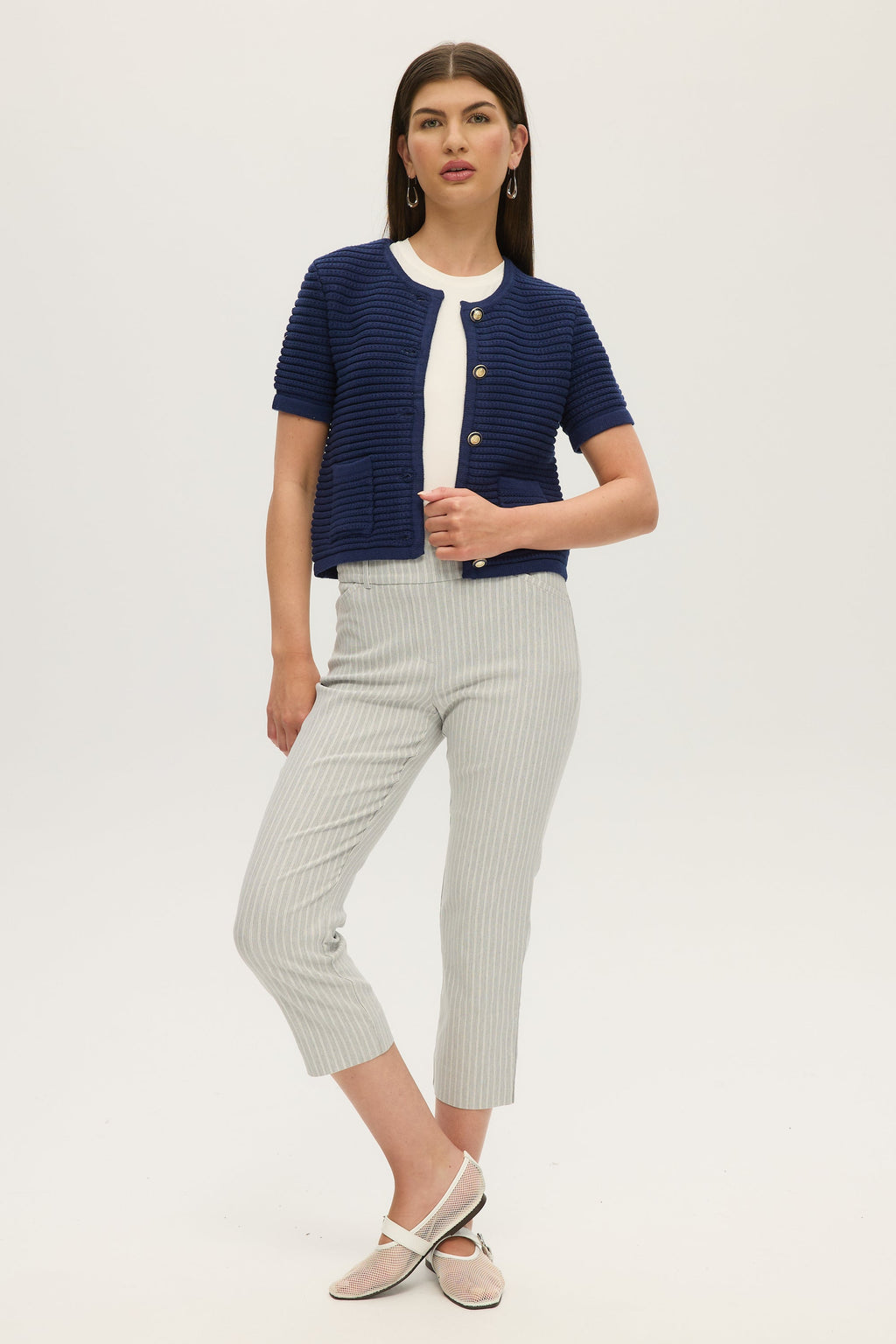 NAVY SHORT SLEEVE CREW NECK CARDIGAN