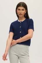 NAVY SHORT SLEEVE CREW NECK CARDIGAN