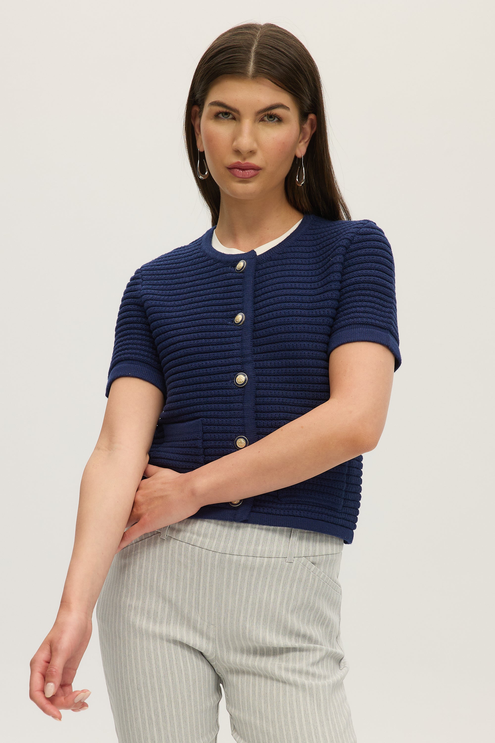 NAVY SHORT SLEEVE CREW NECK CARDIGAN