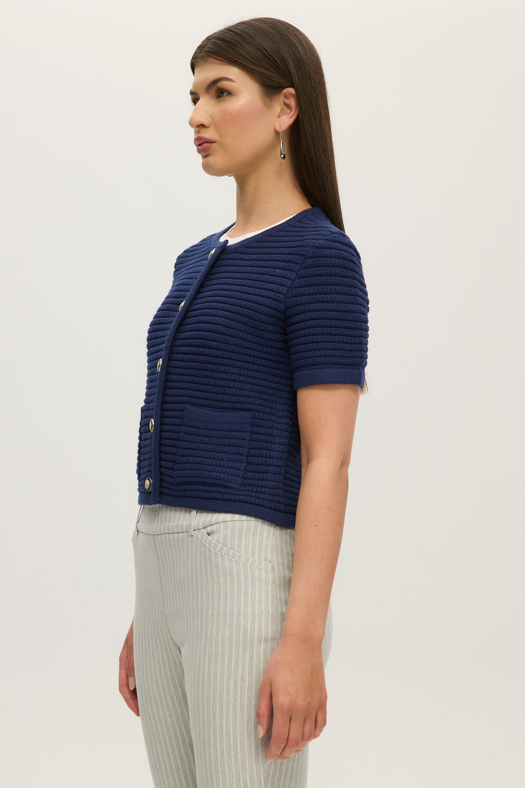 NAVY SHORT SLEEVE CREW NECK CARDIGAN
