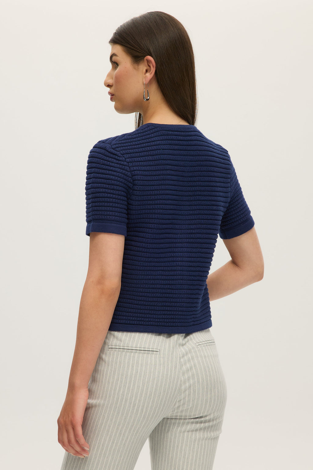 NAVY SHORT SLEEVE CREW NECK CARDIGAN