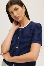 NAVY SHORT SLEEVE CREW NECK CARDIGAN