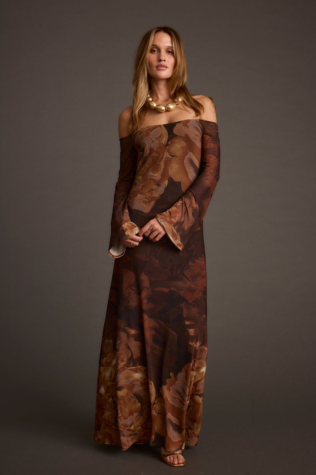 Merritt Mocha Floral Mesh Maxi Dress