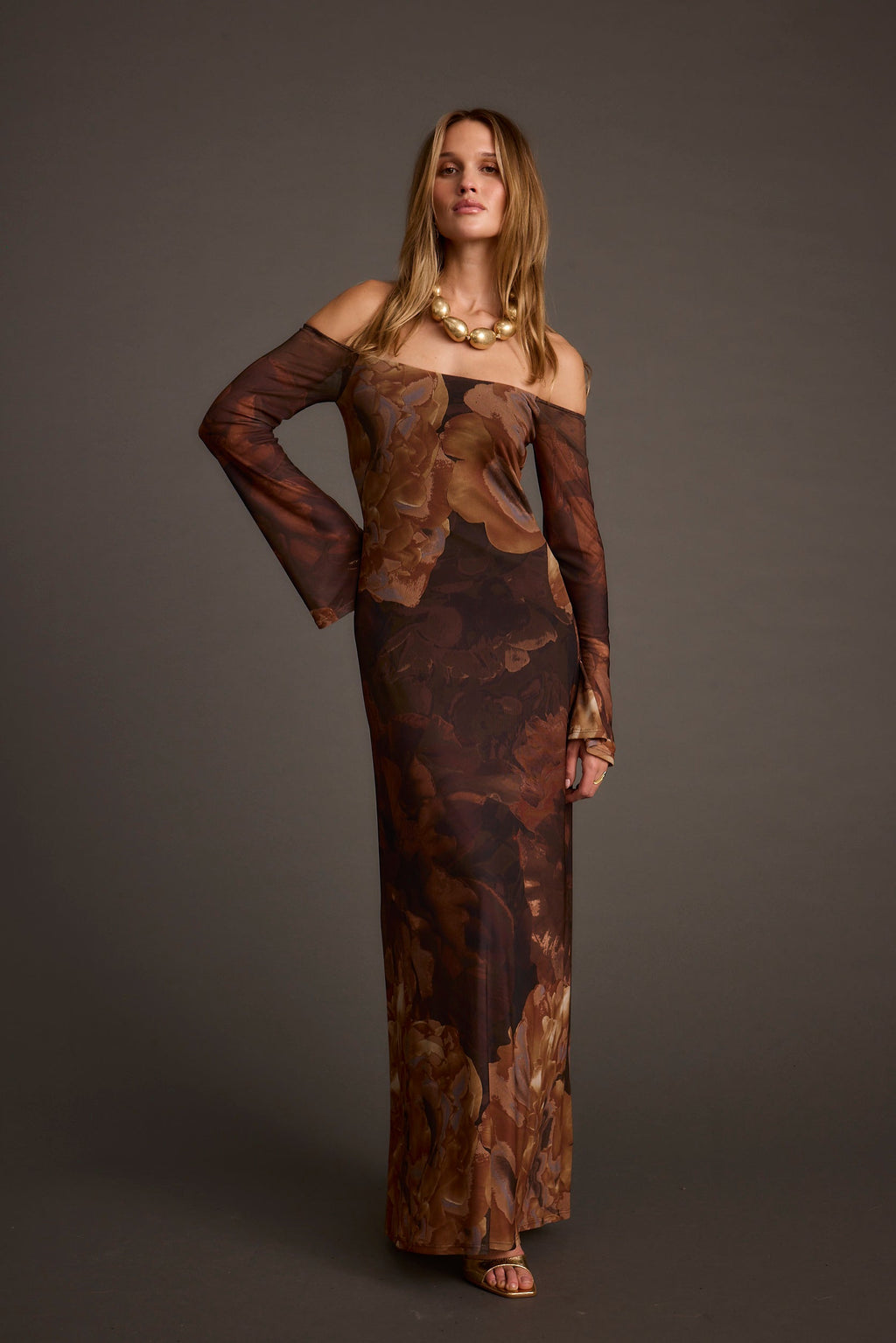 Merritt Mocha Floral Mesh Maxi Dress