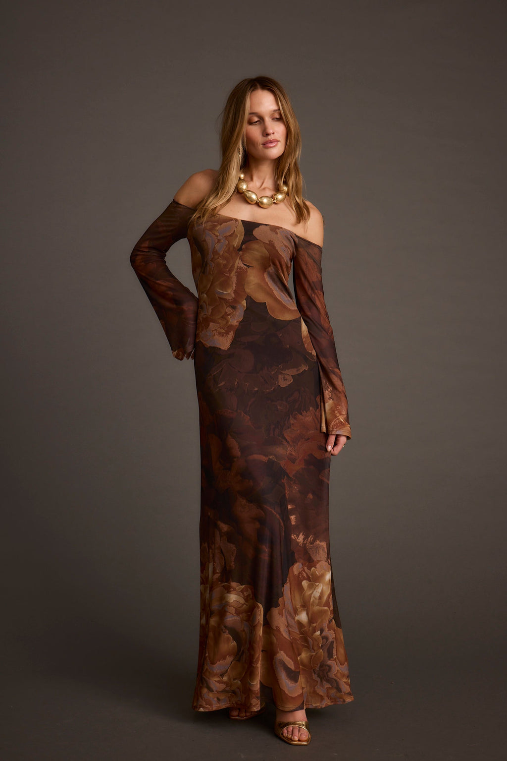 Merritt Mocha Floral Mesh Maxi Dress