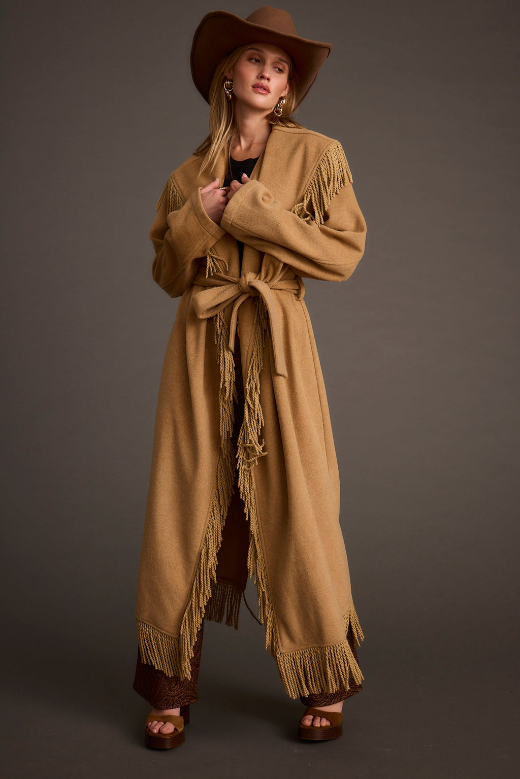 Montrose Camel Fringe Coat