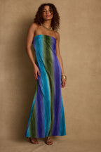 Natalia Blue Striped Strapless Plisse Maxi Dress