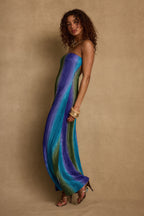 Natalia Blue Striped Strapless Plisse Maxi Dress