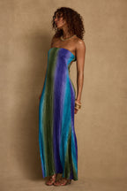 Natalia Blue Striped Strapless Plisse Maxi Dress