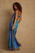 Natalia Blue Striped Strapless Plisse Maxi Dress
