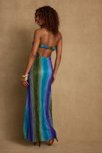 Natalia Blue Striped Strapless Plisse Maxi Dress