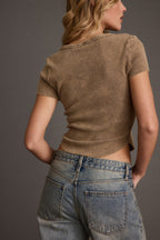 Nevada Washed Brown V-Neck Ribbed Cropped Top