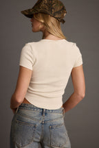 Nevada Cream V-Neck Ribbed Cropped Tee