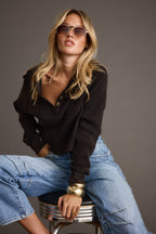 Not Your Boyfriend Washed Black Waffle Knit Henley