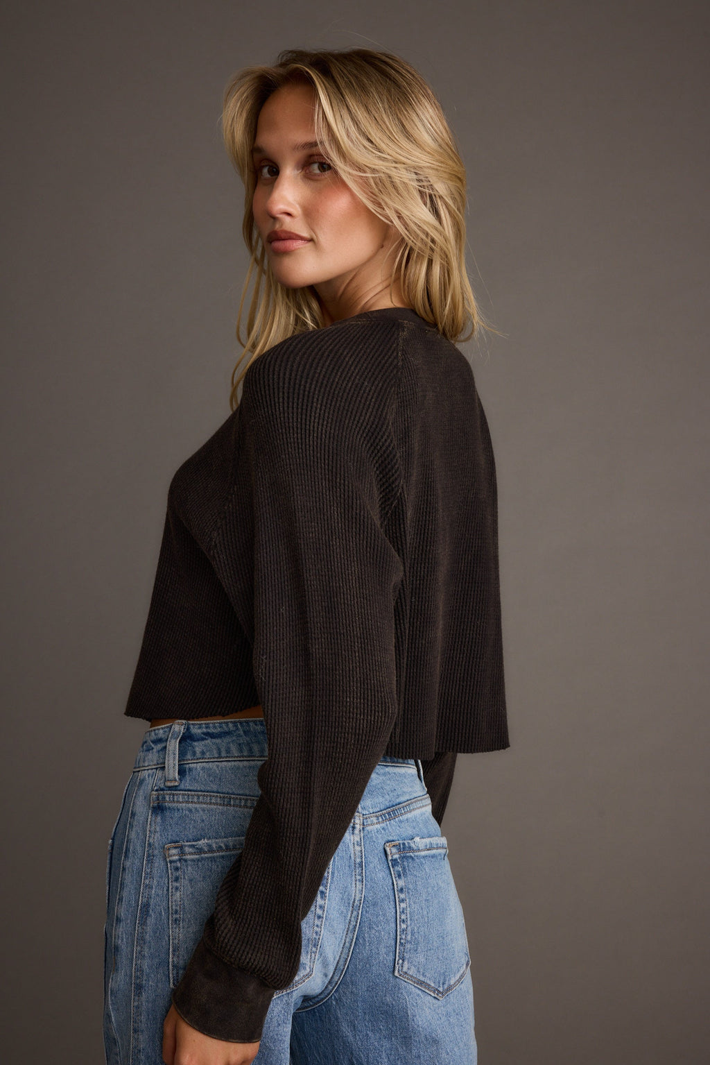 Not Your Boyfriend Washed Black Waffle Knit Henley