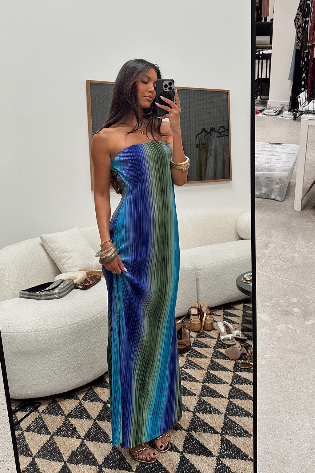 Natalia Blue Striped Strapless Plisse Maxi Dress