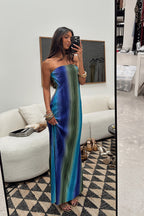 Natalia Blue Striped Strapless Plisse Maxi Dress