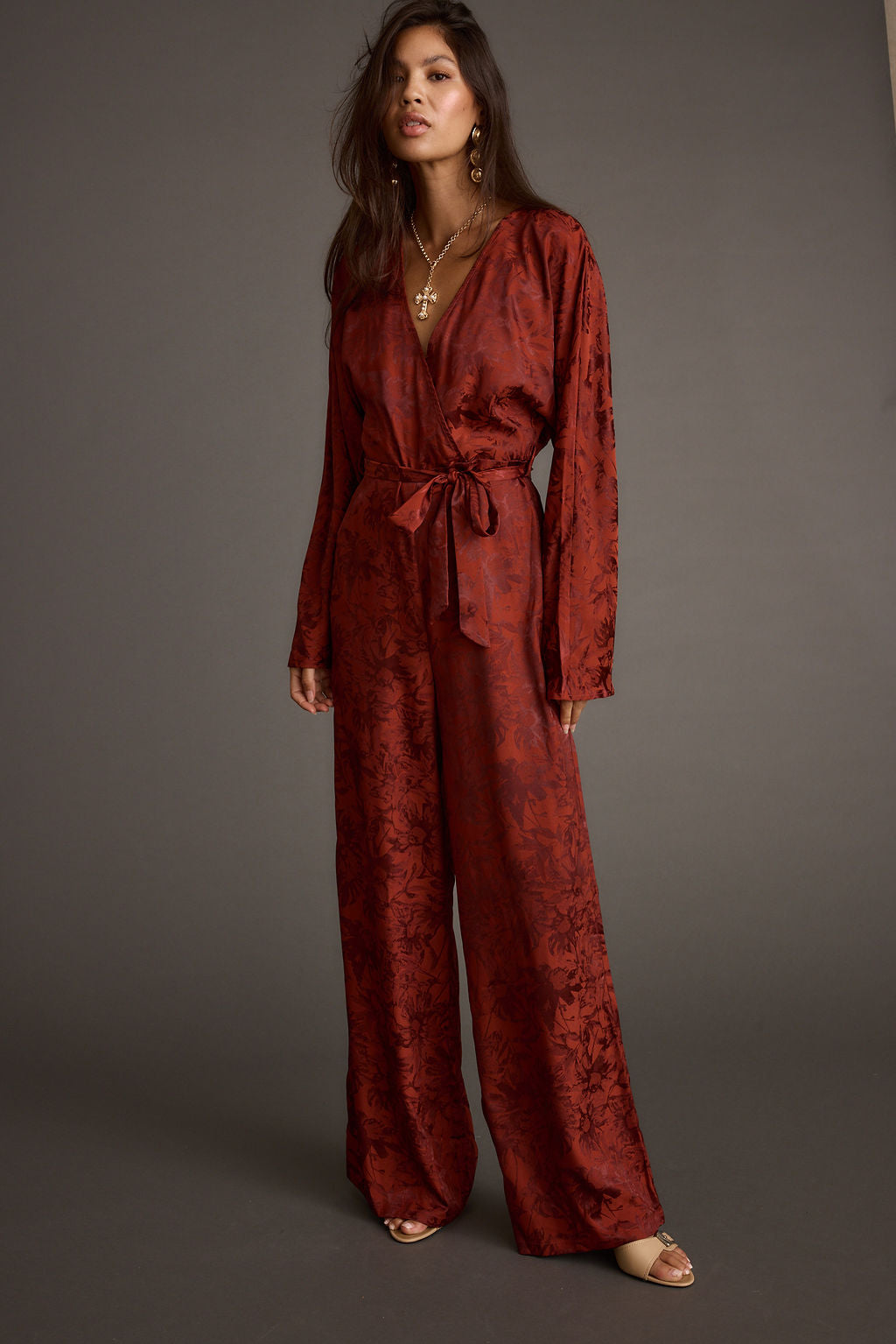 Noelle Cinnamon Satin Jacquard Jumpsuit