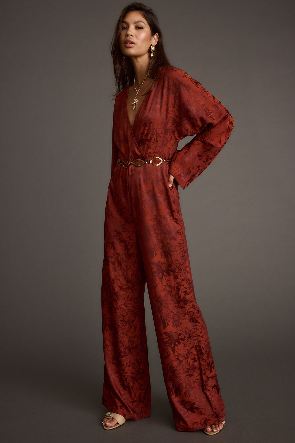 Noelle Cinnamon Satin Jacquard Jumpsuit