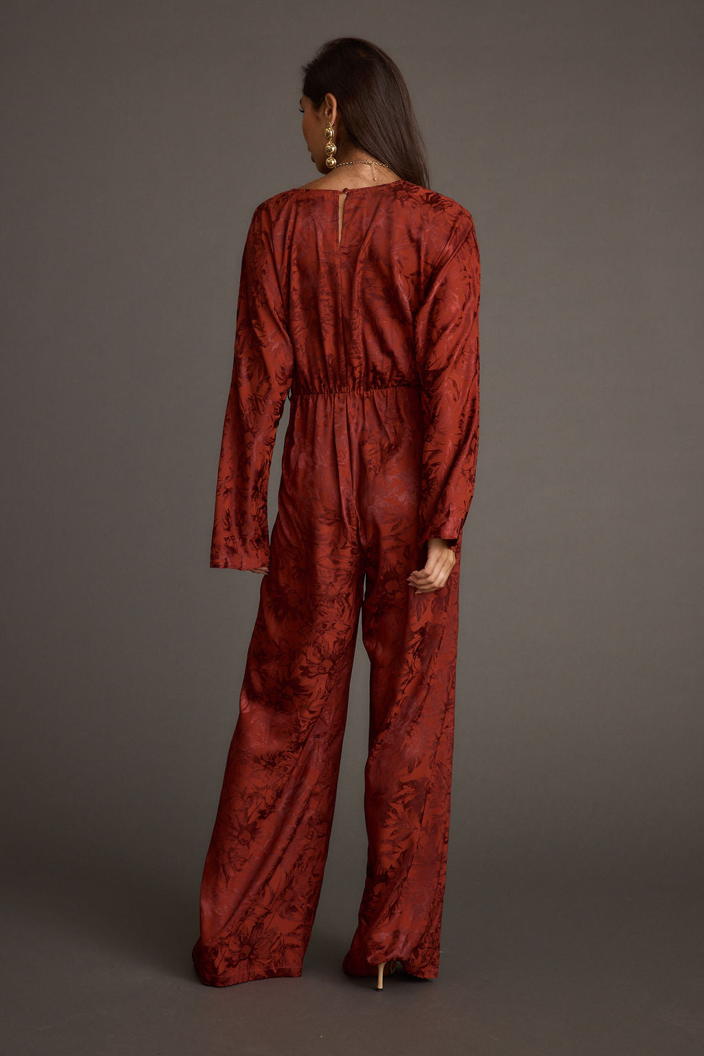 Noelle Cinnamon Satin Jacquard Jumpsuit