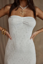 Reagan Strapless White Lace Midi Dress