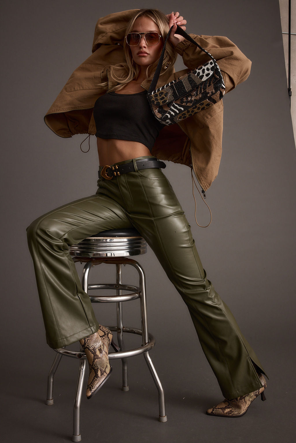 Ryland Olive Vegan Leather Flare Pants