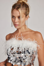 Sella Silver Sequin & Feather Trim Tube Top