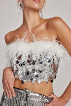 Sella Silver Sequin & Feather Trim Tube Top