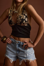 Solstice Gold Floral Embellished Mesh Crop Top