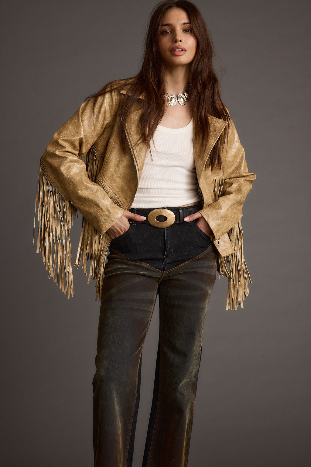 Phoenix Taupe Vegan Leather Moto Fringe Jacket