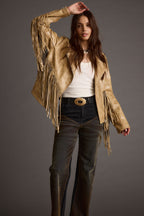 Phoenix Taupe Vegan Leather Moto Fringe Jacket