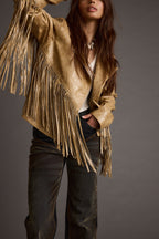 Phoenix Taupe Vegan Leather Moto Fringe Jacket