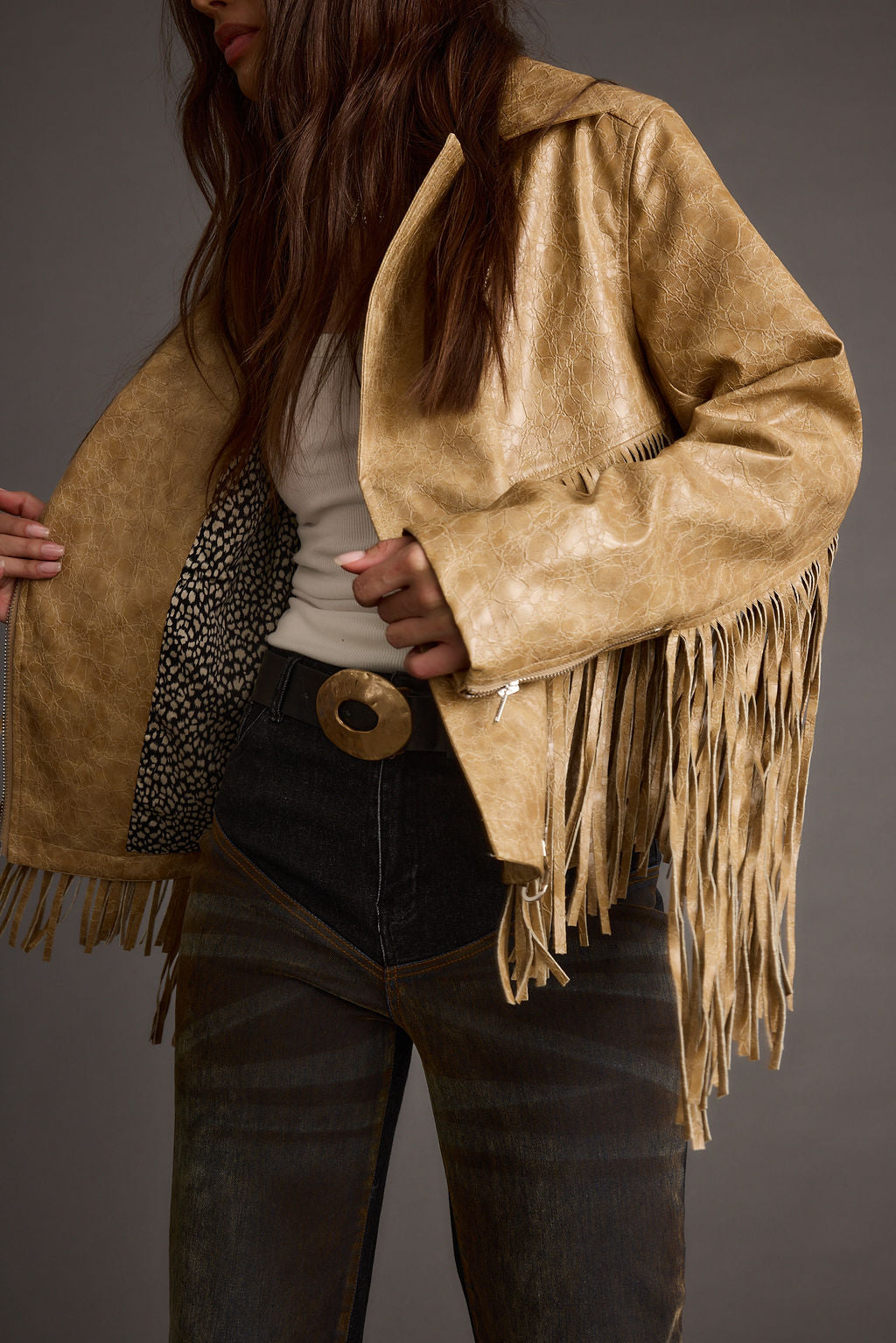 Phoenix Taupe Vegan Leather Moto Fringe Jacket