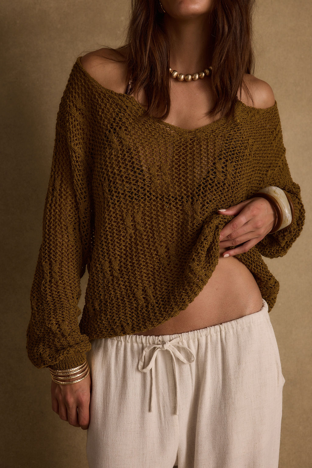 Sunfade Olive Crochet Sweater