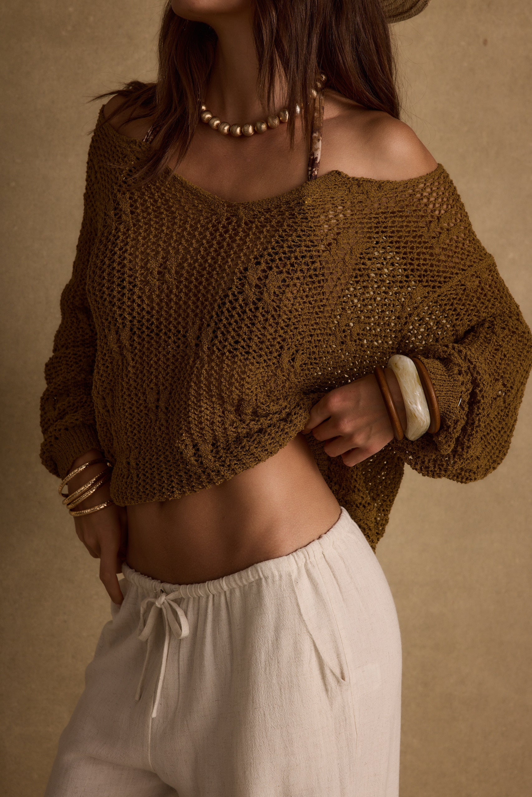 Sunfade Olive Crochet Sweater