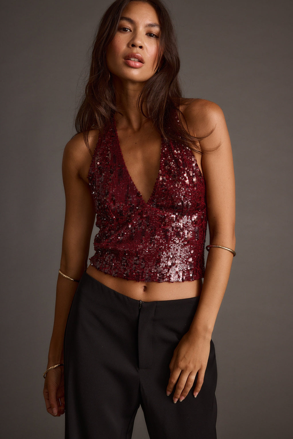 Selena Mulberry Sequin Halter Top