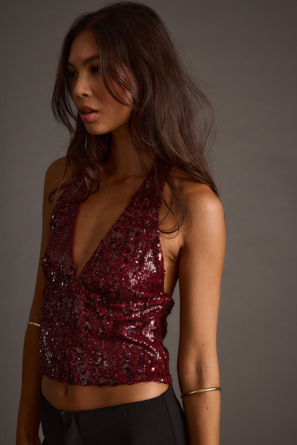 Selena Mulberry Sequin Halter Top