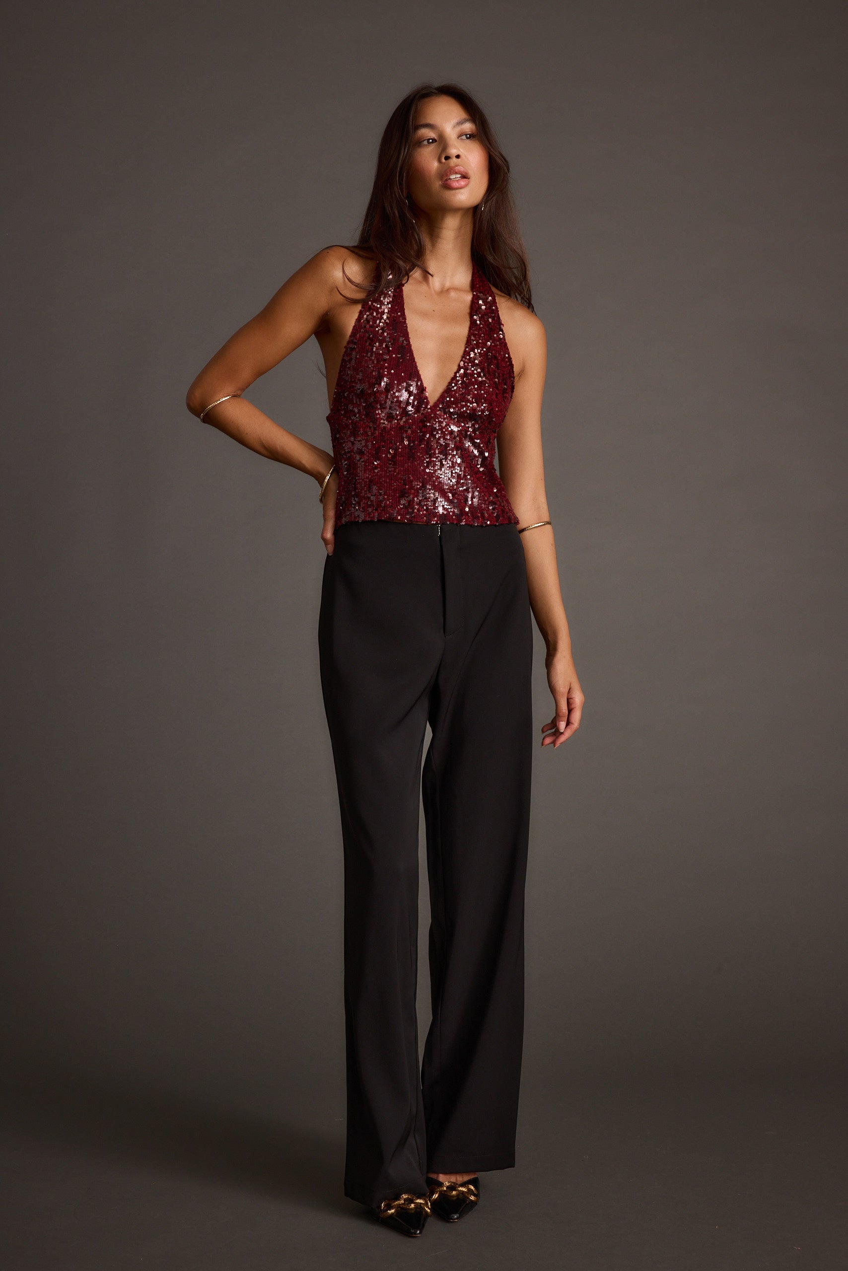 Selena Mulberry Sequin Halter Top