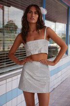 Shira Silver Rhinestone Mini Skirt