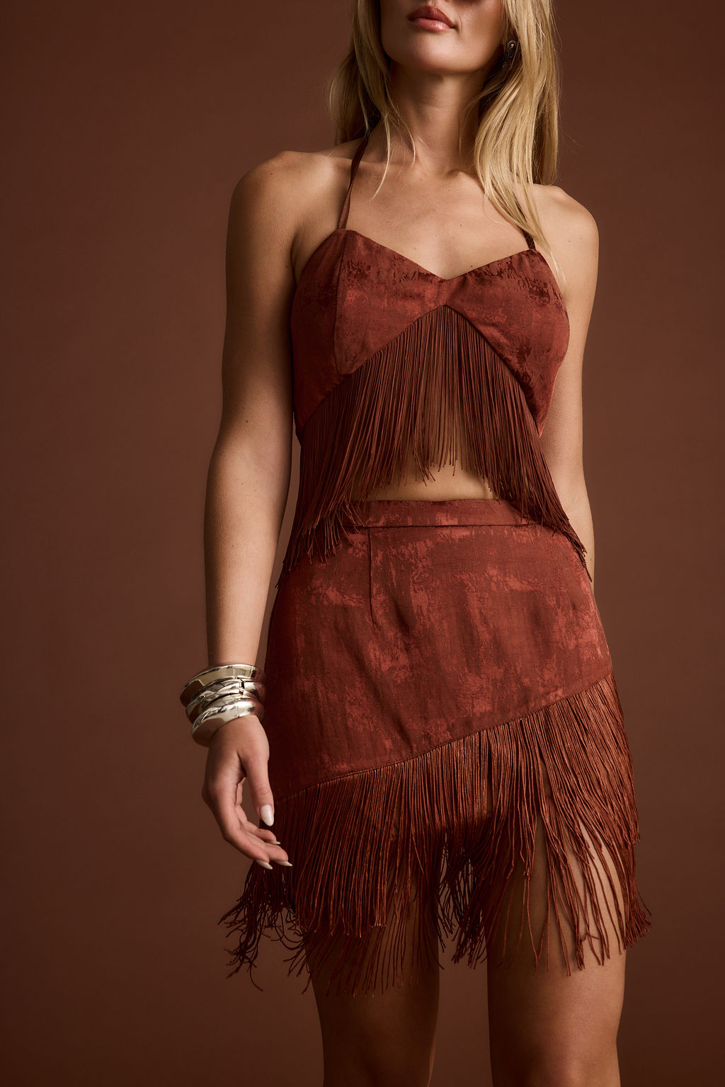 Tamsin Terracotta Jacquard Fringe Crop Top