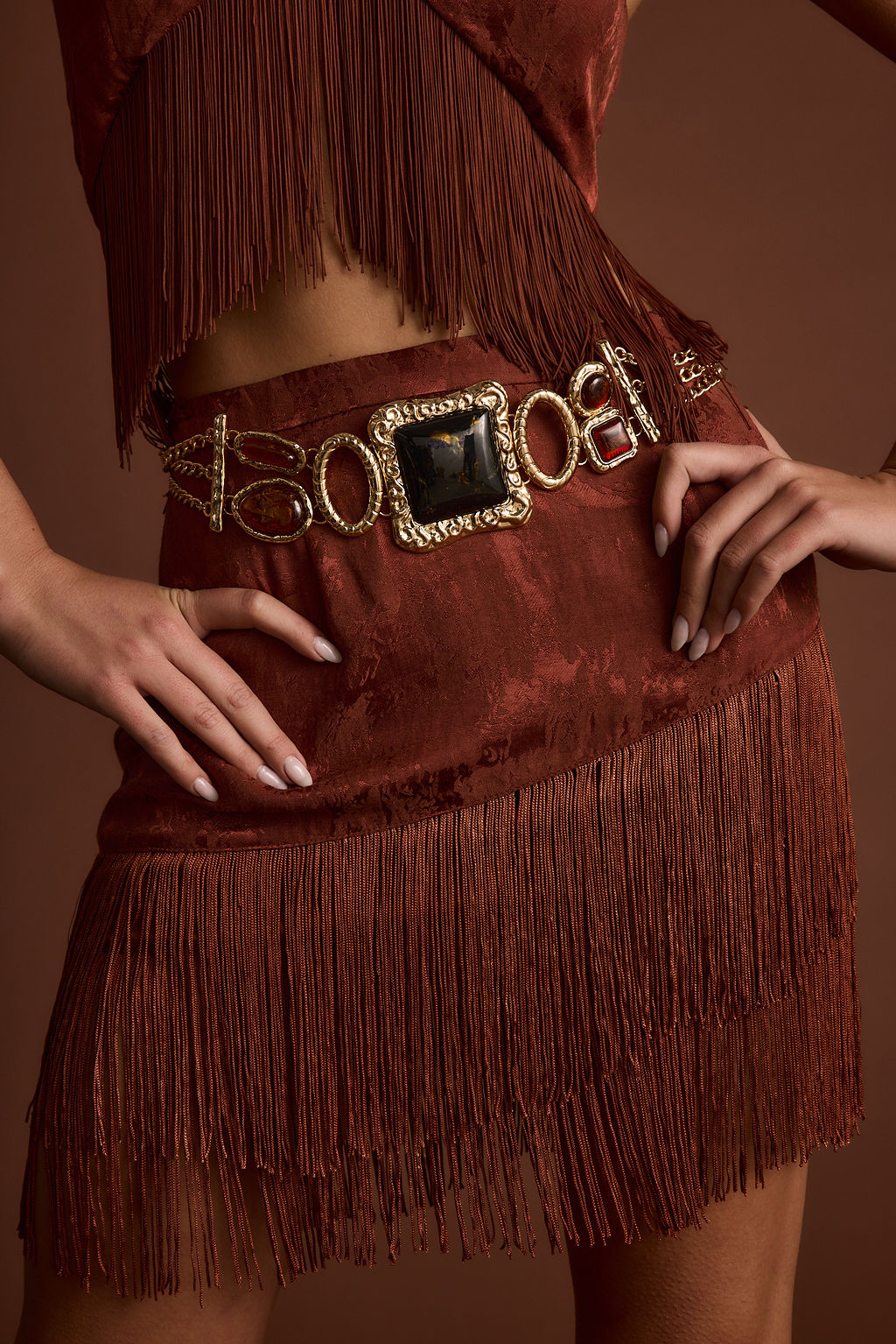 Tamsin Terracotta Jacquard Fringe Mini Skirt