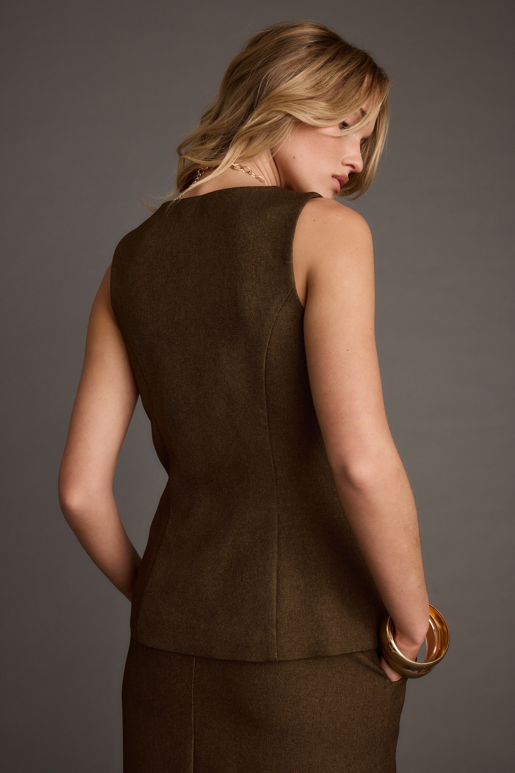 Tory Mocha Twill Button Front Sleeveless Top