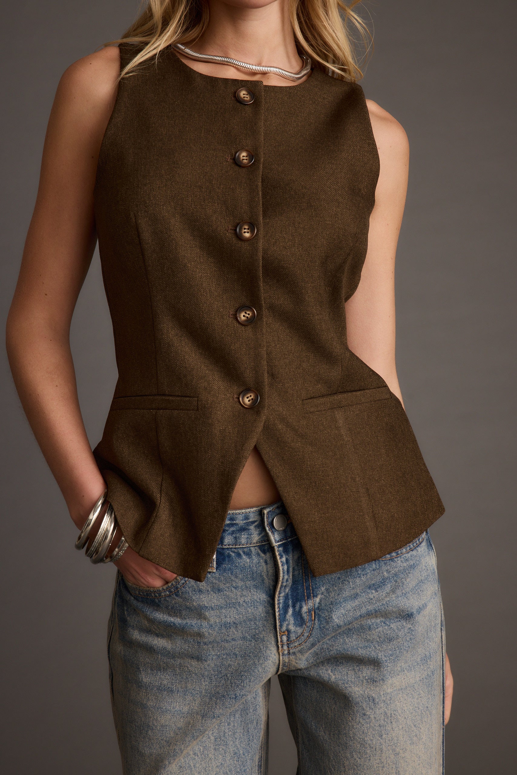 Tory Mocha Twill Button Front Sleeveless Top