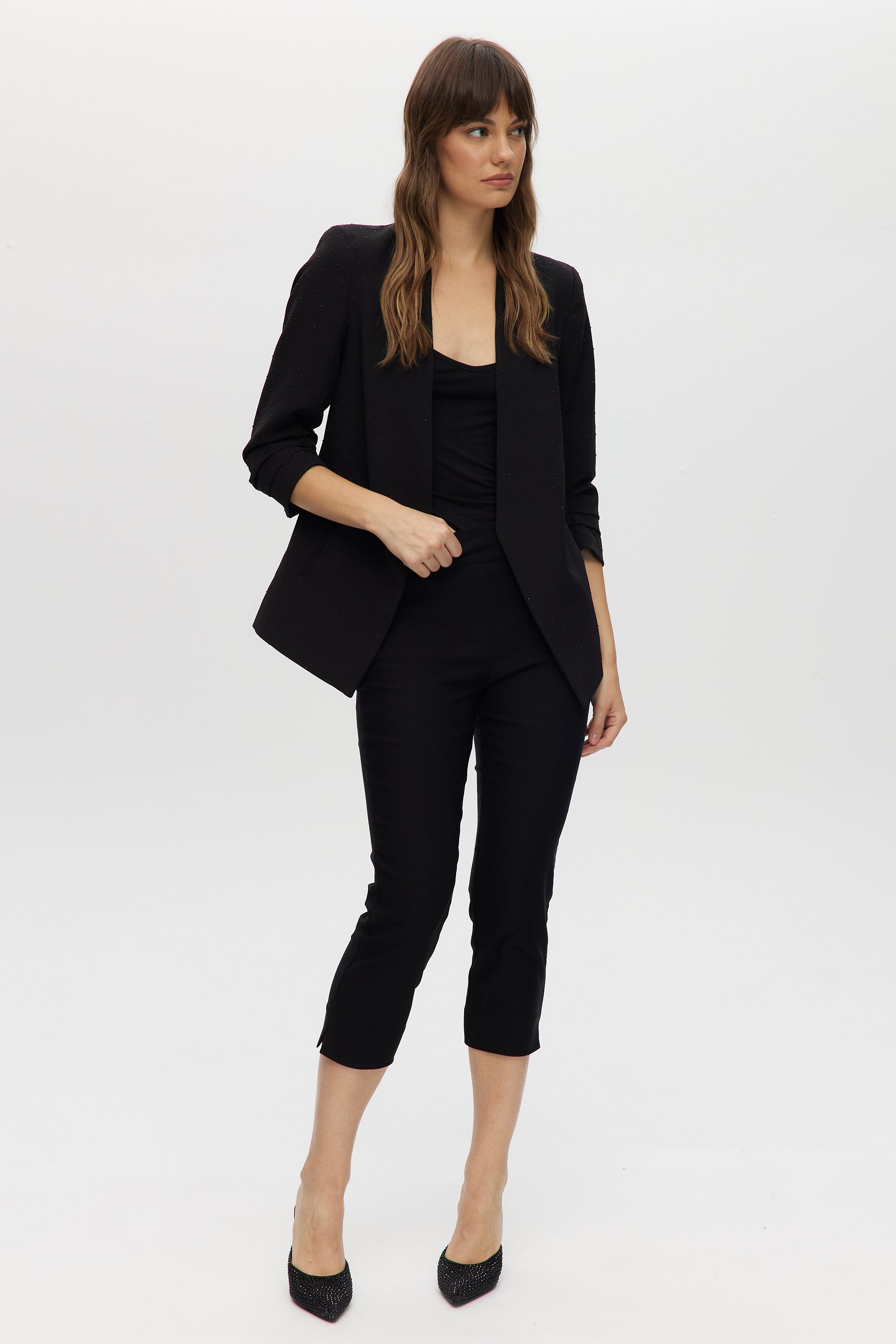 Black Modern-Fit 3/4 Sleeve Rhinestone-Detail Jacket