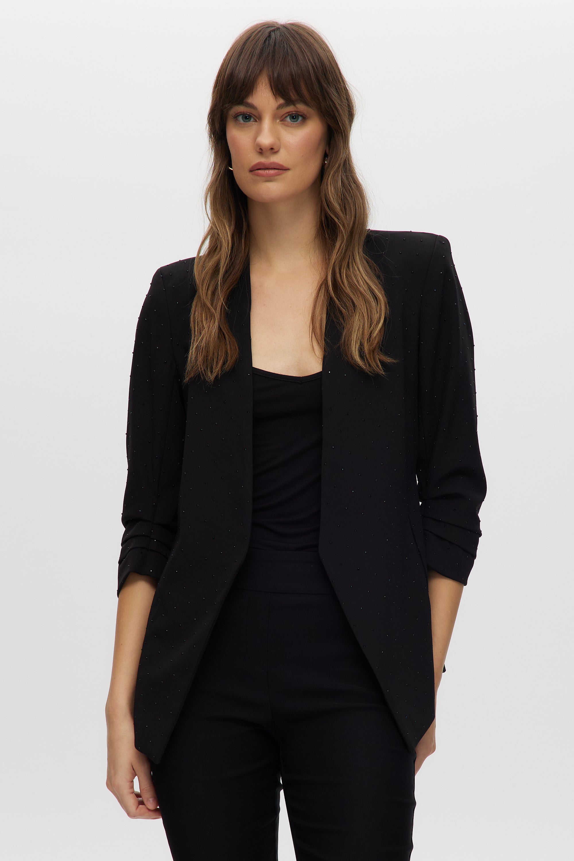 Black Modern-Fit 3/4 Sleeve Rhinestone-Detail Jacket