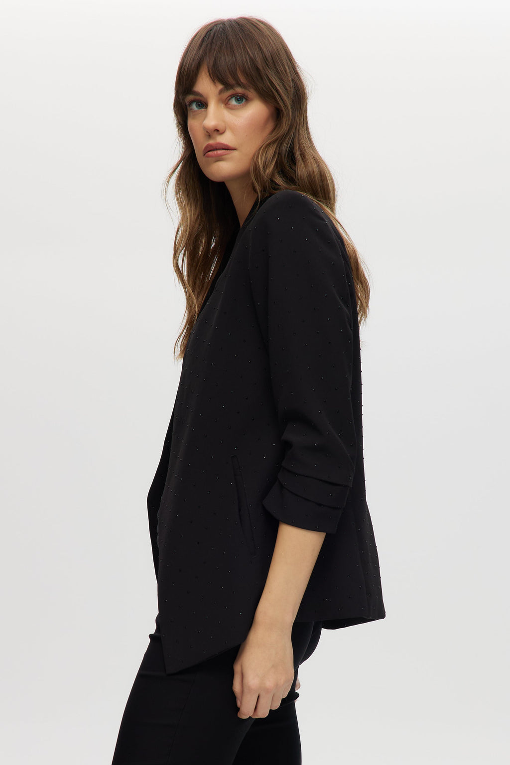 Black Modern-Fit 3/4 Sleeve Rhinestone-Detail Jacket