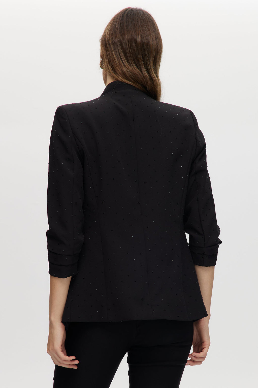Black Modern-Fit 3/4 Sleeve Rhinestone-Detail Jacket