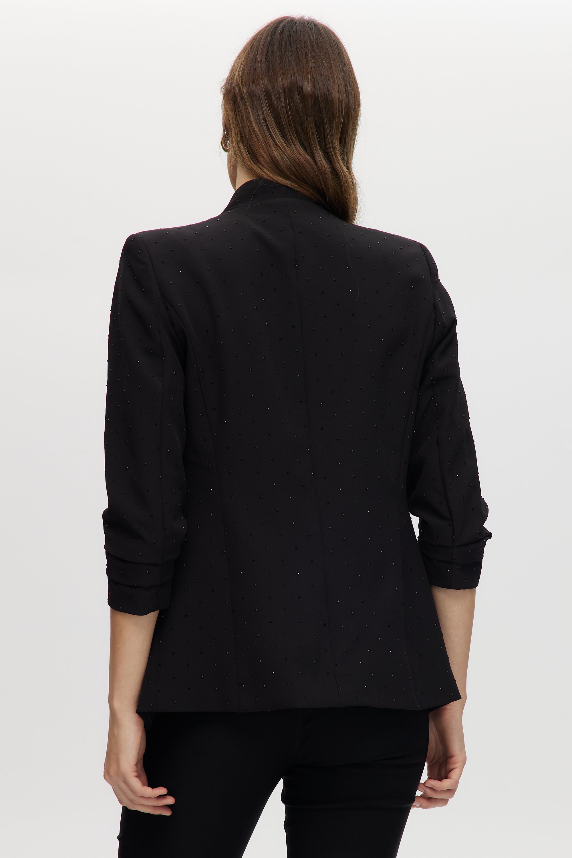 Black Modern-Fit 3/4 Sleeve Rhinestone-Detail Jacket