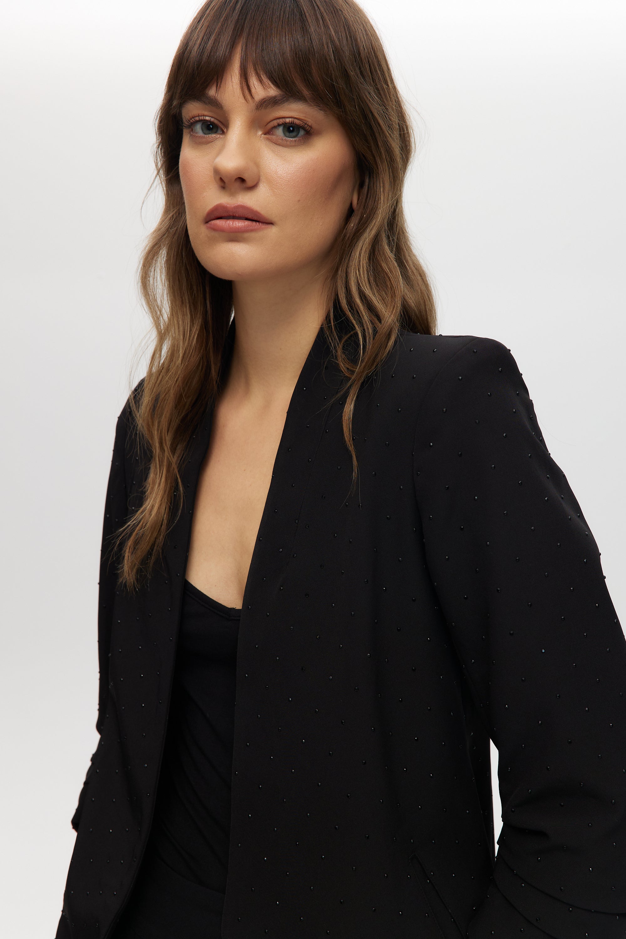 Black Modern-Fit 3/4 Sleeve Rhinestone-Detail Jacket